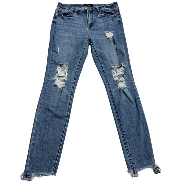 Judy Blue Size 11/30 Denim Skinny Jeans Blue Distressed Ripped Raw Hem Slim Mid - Picture 1 of 5